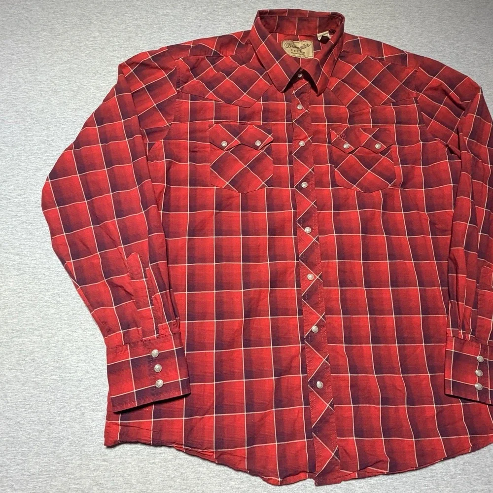Wrangler Retro Shirt 2XLT Blue Red Western Pearl Snap Sawtooth Pocket - Mens 2XT